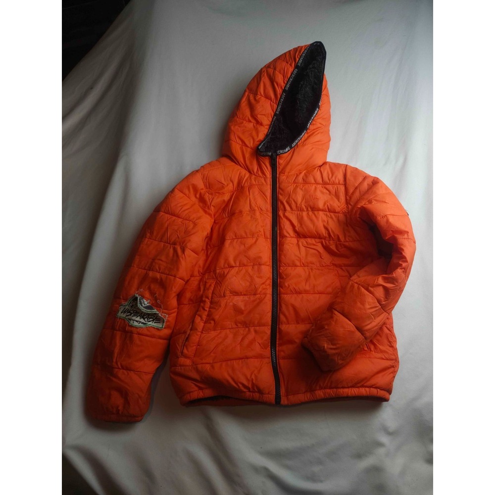 Abercrombie Kids Puffer Jacket Boys 9/10 Orange Sherpa Lined Full Zip Hooded